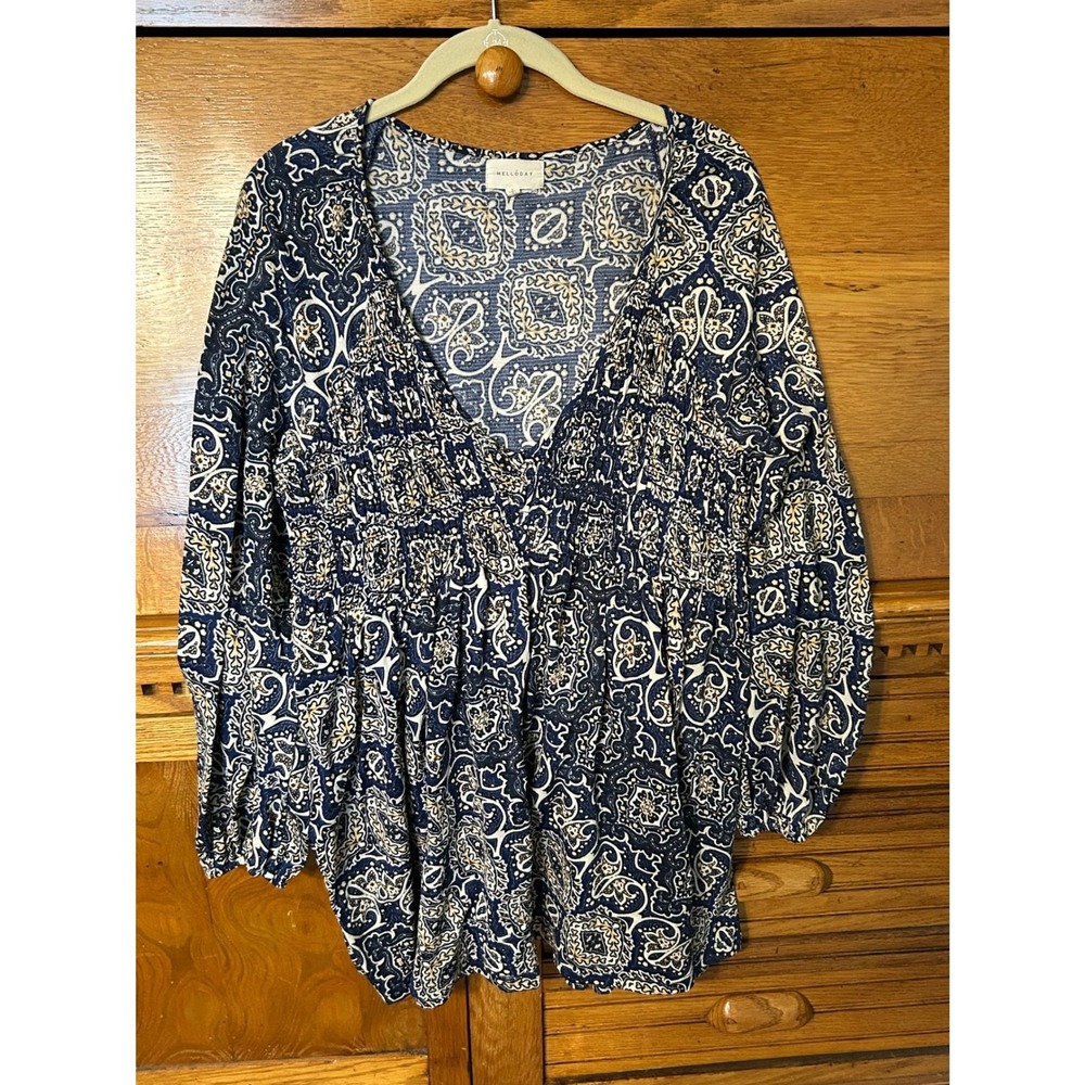 Melloday Boho Chic Blue Paisley Smocked Empire Waist Tunic Top Long Sleeve Retro